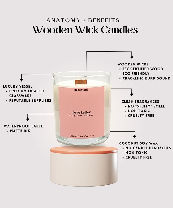 Love Letter Wood Wick Candle, Features and Benefits Chart